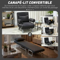 HOMCOM Fauteuil chauffeuse canapé-lit Convertible inclinable 1 Place Coussin lombaires accoudoirs piètement métal Lin Noir(m-4)