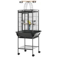 PawHut 156cm Bird Cage,Large Parrot Cage with Open Play Top, Perch, Seed Guard, Wheels, Storage Shelf, Dark Grey(m-11)