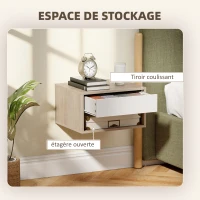 HOMCOM Lot de 2 tables de chevet murales, tables de nuit, tiroir, compartiment ouvert, plateau, 37 x 32 x 21 cm, bois naturel(m-6)