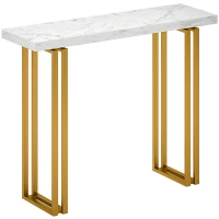 HOMCOM Table console, table d'entrée, avec plateau imitation marbre, structure en acier, 100 x 30 x 78,5 cm, blanc et or(m-12)