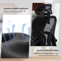 HOMCOM Chaise bureau, fauteuil de bureau en maille, dossier rabattable, appui-tête 2D, accoudoirs relevables, 73x62x136cm, noir(m-5)