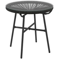 Outsunny Table basse ronde de jardin en résine aspect rotin métal et plateau verre trempé Ø 50 x 50 cm noir(m-7)