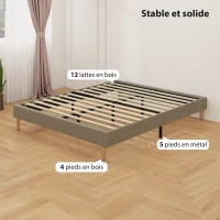 HOMCOM Cadre de lit 160 x 200 cm avec sommier à lattes en bois, lit double rembourré en velours côtelé, gris(m-6)