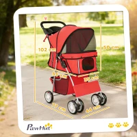 PawHut Carrinho para Cães Dobrável com Fitas Refletoras, Rodas Giratórias, Travões e Almofada Lavável, Vermelho(m-3)