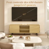 HOMCOM Meuble TV, meuble télé jusqu'à 65 pouces, 2 portes à ouverture par pression et 2 étagères, 160x35x55,5cm, bois naturel(m-6)