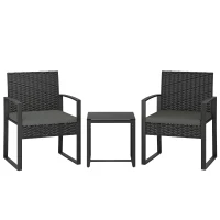 Outsunny Conjunto Bistrô em Rattan Conjunto de Móveis de Jardim 3 Peças com 2 Cadeiras de Jardim Mesa de Centro Almofadas Removíveis Cinza Escuro(m-6)