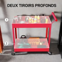 DURHAND Chariot d'atelier servante atelier à 2 niveaux, poignée latérale et roulettes verrouillables, 84,5x38x84cm, rouge(m-4)