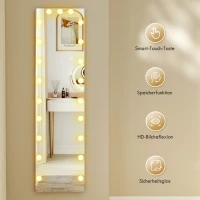 HOMCOM Ganzkörperspiegel 150x40 cm RGB-LED Standspiegel mit 21 Glühbirnen 7 Lichtfarbe Touch-Schalter Memory-Funktion(m-6)