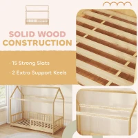 HOMCOM House-Shaped Kids Bed Frame with Guard Rails, Solid Pine Wood Single Bed Frame for Kids Boys and Girls, Natural(m-7)