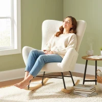 HOMCOM Mecedora de Terciopelo de Teddy con Respaldo Acolchado Almohada y Base de Madera de Caucho Carga 120 kg Crema(m-8)