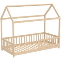 HOMCOM House-Shaped Kids Bed Frame with Guard Rails, Solid Pine Wood Single Bed Frame for Kids Boys and Girls, Natural(m-1)