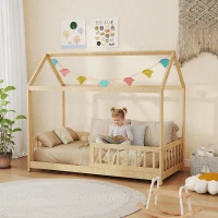 HOMCOM House-Shaped Kids Bed Frame with Guard Rails, Solid Pine Wood Single Bed Frame for Kids Boys and Girls, Natural(m-10)