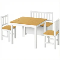 HOMCOM Mesa y Sillas Infantiles de 4 Piezas Mesa Infantil con 2 Sillas y Banco con Almacenaje Juego de Muebles para Actividades para Niños de +3 Años para Dormitorio Sala de Juegos Blanco y Natural(m-10)