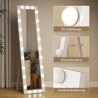 HOMCOM Ganzkörperspiegel 150x40 cm LED Spiegel mit 24 Glühbirnen 3 Lichtfarbe, freistehend, anlehnbar oder zur Wandmontage Weiß(m-8)