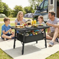 Outsunny Folding Camping Table, 90 x 55 cm Height Adjustable Portable Collapsible Table, 3ft Lightweight Aluminium Rollup Picnic Table with Storage Basket for Outdoor Garden Party BBQ, Black(m-2)