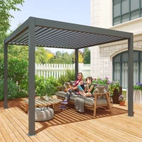 Outsunny 3 x 3(m) Electric Louvered Pergola with LED Lights, Aluminium Pergola Hardtop Gazebo with Remote, Adjustable Roof and Drainage System, Water and UV Proof(m-9)