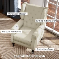 HOMCOM Ohrensessel Relaxsessel Sessel, Vintage-Design, Knopfheftung, gedrechselte Beine, 74 cm x 86 cm x 102 cm,  Cremeweiß(m-4)