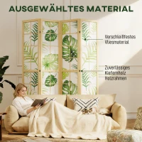 HOMCOM 4-teiliger Raumtrenner, faltbar, Boho-Design, tropisches Motiv, freistehender Raumteiler, Holzrahmen, Grün(m-6)