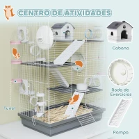 PawHut Gaiola para Hámster 47x30x70 cm Gaiola para Roedores com Túnel Plataformas Tigela Bebedouro Casinha Rampas e Roda Cinzen(m-4)