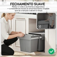 HOMCOM Balde de Lixo Embitido com 2 Recipientes Removíveis para Reciclagem Capacidade Total 30L (15Lx2) 48x34,3x35,1 cm Cinzento Claro(m-7)