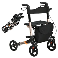 HOMCOM 4 Wheel Rollator with Seat and Back, Folding Mobility Walker with Carry Bag, Adjustable Height, Dual Brakes, Cane Holder, Lightweight Aluminium Walking Frame for Seniors and Disabled, Gold Tone(m-10)