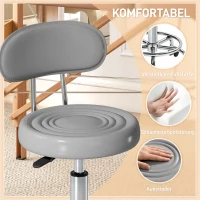 HOMCOM Rolkruk, draaibare en verstelbare kruk met rugleuning, kunstlederen bekleding, voetsteun, voor kaptafels, grijs(m-4)
