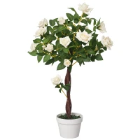 Outsunny 90cm/3FT Artificial Rose Tree Fake Decorative Plant w/ 21 Flowers Pot Indoor Outdoor Faux Decoration White & Green(m-21)