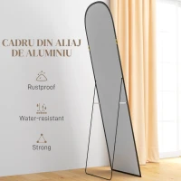 HOMCOM Oglindă de Podea și Perete Modernă din Aliaj de Aluminiu cu Suport Pliabil, 50x170 cm, Neagră(m-6)