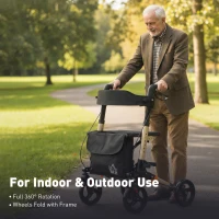 HOMCOM 4 Wheel Rollator with Seat and Back, Folding Mobility Walker with Carry Bag, Adjustable Height, Dual Brakes, Cane Holder, Lightweight Aluminium Walking Frame for Seniors and Disabled, Gold Tone(m-7)