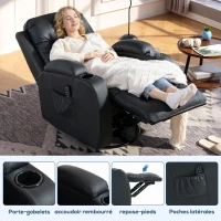HOMCOM Fauteuil inclinable de massage et chauffage, fauteuil de relaxation, dossier réglable, pivotant 360°, 82x99x103cm, noir(m-7)