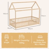 HOMCOM House-Shaped Kids Bed Frame with Guard Rails, Solid Pine Wood Single Bed Frame for Kids Boys and Girls, Natural(m-3)