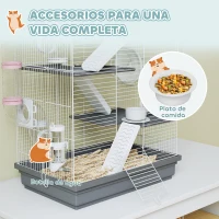 PawHut Jaula para Hámster con Túnel Plataformas Cuenco Bebedero Casita Rampas y Rueda de Ejercicio 47x30x70 cm Gris(m-6)