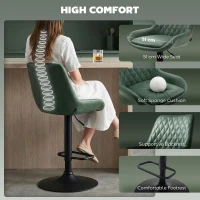 HOMCOM Retro Bar Stools Set of 2, Adjustable Kitchen Stool, Upholstered Bar Chairs with Back, Swivel Seat, Green(m-7)