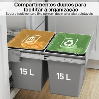 HOMCOM Balde de Lixo Embitido com 2 Recipientes Removíveis para Reciclagem Capacidade Total 30L (15Lx2) 48x34,3x35,1 cm Cinzento Claro(m-5)