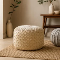 Elegant Velvet Upholstery Pouffe with Crisp White Finish, Handcrafted Pleated Design Footstool for Living Room, 46L x 46W x 33H cm, White(m-1)