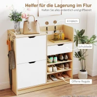 HOMCOM Schuhregal für Flur, Schuhschrank mit Kippschubladen, offenen Regalen, 4 Haken, für bis zu 14 Paar Schuhe, Natur(m-6)