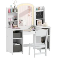 AIYAPLAY Coiffeuse pour enfants avec tabouret et miroir LED, table de maquillage pour 3 à 8 ans, 104 x 40 x 112 cm, blanc(m-11)