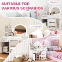 AIYAPLAY Kids Vanity Table and Chair Set, Girls Dressing Table with 2-Colour LED Mirror, Stool, Cabinet, Drawer, Shelves, White(m-8)