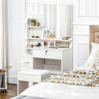 HOMCOM Ensemble de coiffeuse avec tabouret rembourré grand miroir + plusieurs étagères ouvertes + 4 tiroirs blanc(m-10)