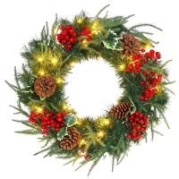 HOMCOM Couronne de Noël lumineuse 60 cm avec 35 LED, minuterie, 170 pointes, pommes de pin, baies, feuilles de houx, vert(m-1)