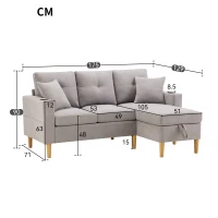Canapé d'angle moderne en L, 3 places avec méridienne et rangement, porte-gobelet intégré, 175x129x90 cm, Gris clair(m-3)