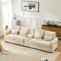 Canapé 4 places moderne en tissu de lin, avec console, 2 porte-gobelets, 2 ports USB, 290x83x88 cm, Beige(m-4)