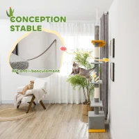 PawHut Arbre à chat, hauteur 275 cm, 6 niveaux pour chat d'intérieur, du sol au plafond, avec plate-formes, niche, gris clair(m-5)