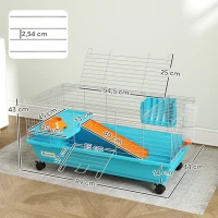 PawHut Cage pour Petits Animaux avec Roulettes Bouteille Gamelle Distributeur de Foin pour Lapins et Cochons d'Inde 89x44x43 cm Bleu(m-3)
