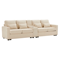 Canapé 4 places moderne en tissu de lin, avec console, 2 porte-gobelets, 2 ports USB, 290x83x88 cm, Beige
