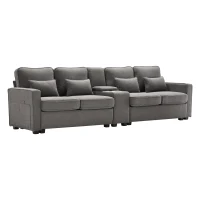 Canapé 4 places moderne en tissu de lin, avec console, 2 porte-gobelets, 2 ports USB, 290x83x88 cm, Gris foncé(m-2)
