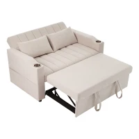 Canapé-lit multifonction moderne avec dossier réglable, porte-gobelet et coussin, 136x162x84 cm, Beige(m-10)
