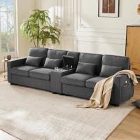 Canapé 4 places moderne en tissu de lin, avec console, 2 porte-gobelets, 2 ports USB, 290x83x88 cm, Gris foncé(m-5)