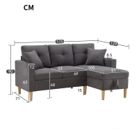 Canapé d'angle moderne en L, 3 places avec méridienne et rangement, porte-gobelet intégré, 175x129x90 cm, Gris foncé(m-3)