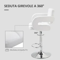 HOMCOM Sgabello Alto Moderno da Bar con Schienale e Braccioli, Regolabile e Girevole, per Cucina o Pub, 64x50x94-114cm, Bianca | Aosom Italy(m-5)